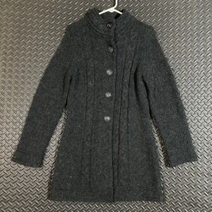 Elena Solano Women Large Black Alpaca Blend Sweater Coat Long Button Front‎ Knit